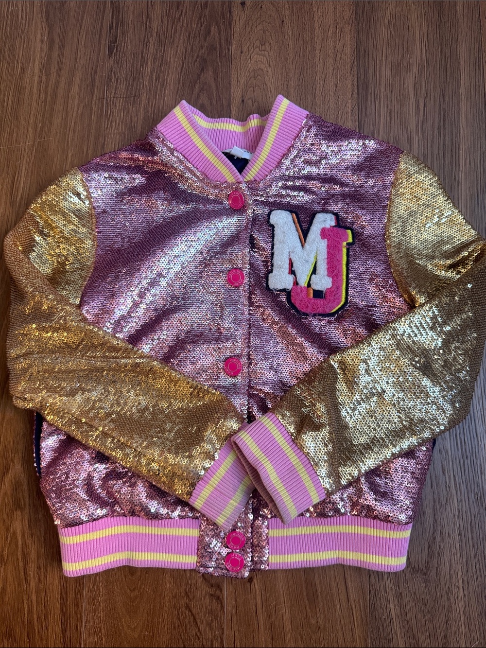 Marc Jacobs kids size 8 Pink & Gold Sequin Bomber Jacket with MJ Patch
